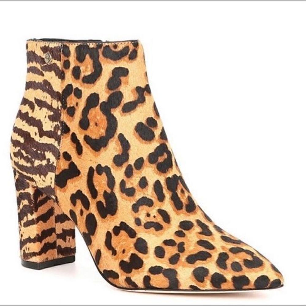Antonio Melani Calves Fur Brazil Leopard Print Block Heel Booties